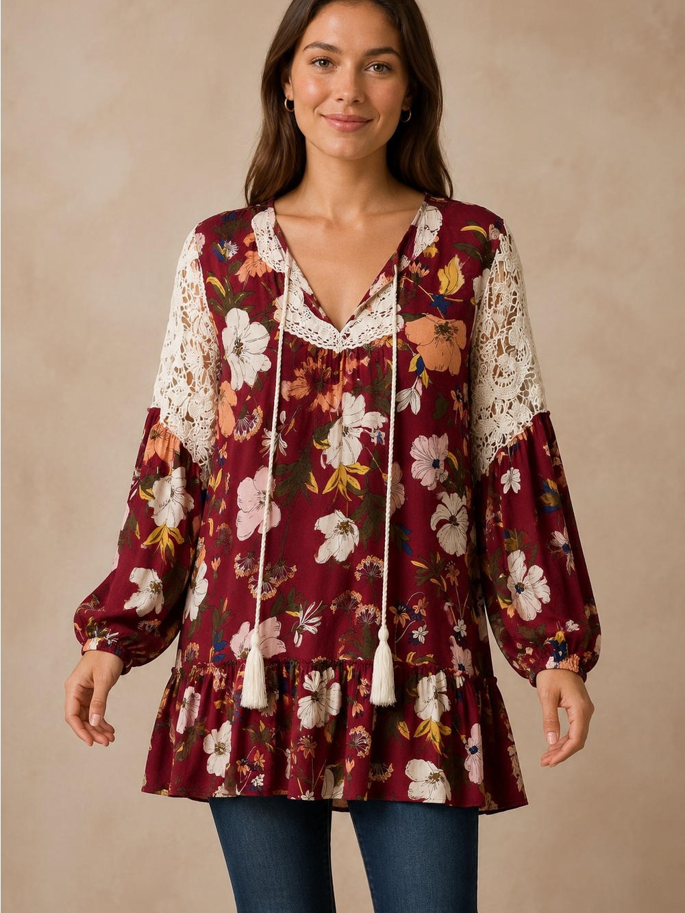 Umgee Tunic Top Womens Medium Maroon Floral Crochet Lace Boho Ruffle Hem